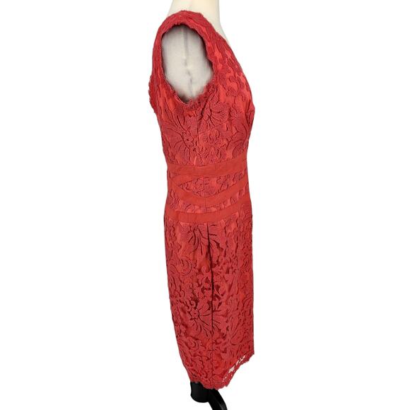 Tadashi Shoji Red Coral Chantilly Lace Sleeveless Sheath Cocktail Dress Size 8 - Picture 7 of 10